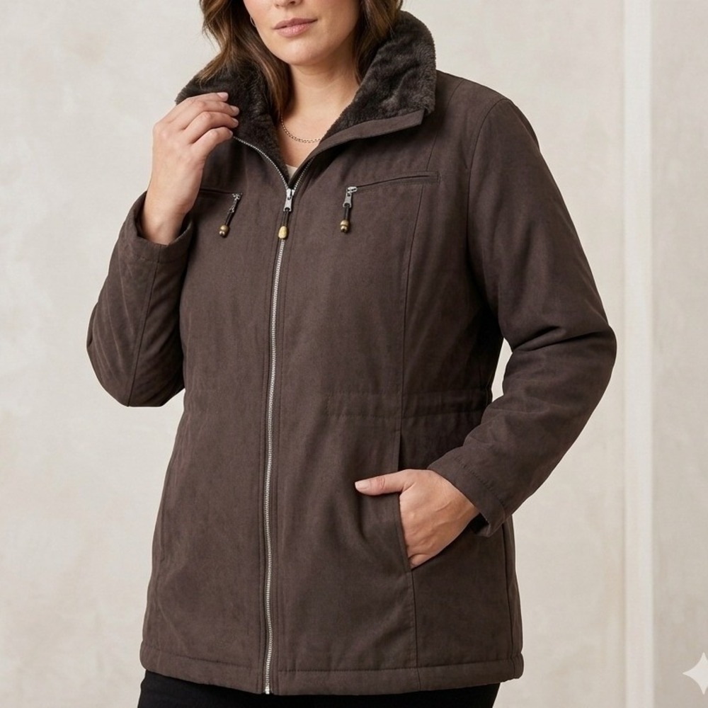 Weatherproof Garment Co Brown Faux Suede Faux Fur Hooded Parka Jacket Large
